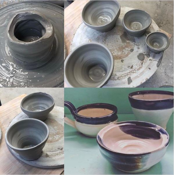 Pottery wheel and mugs